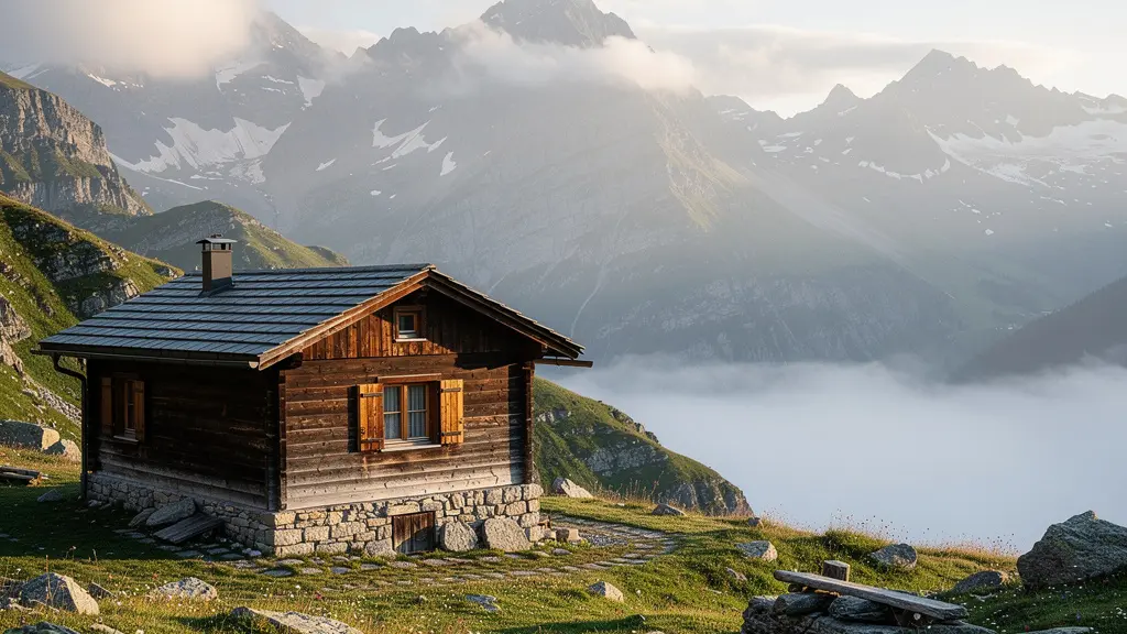 Traditionelle Schweizer Alphütte in abgelegener Berglandschaft