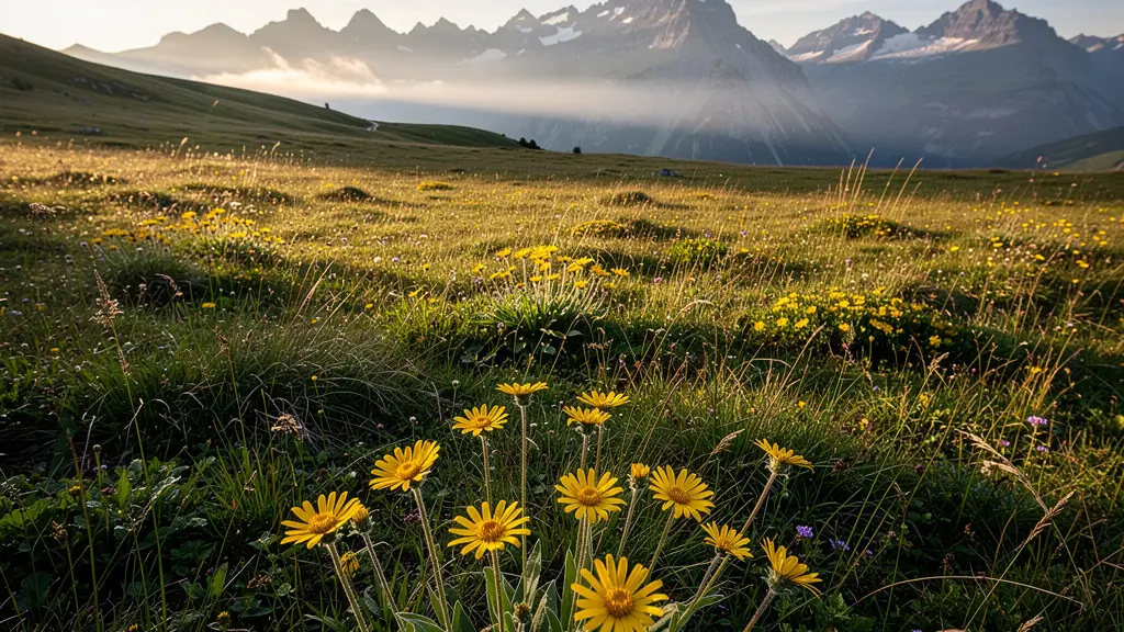 Geschützte Arnikawiese in alpiner Berglandschaft