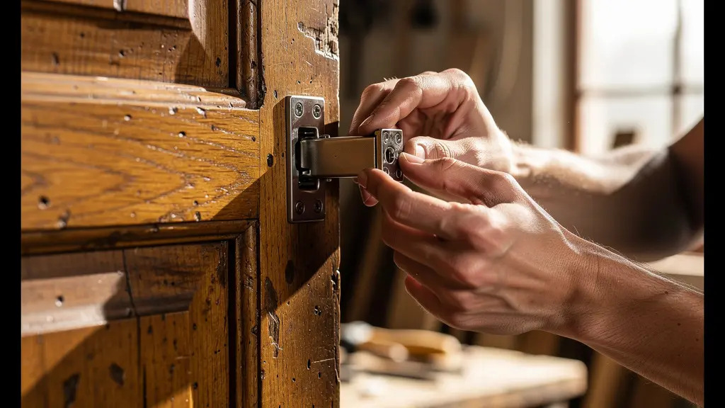 Handwerker restauriert antiken Eichenschrank mit modernen Soft-Close-Scharnieren