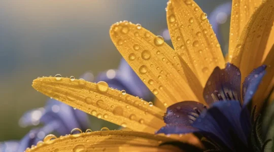 Makroaufnahme alpiner Heilpflanzen Arnika und Enzian für Hautregeneration