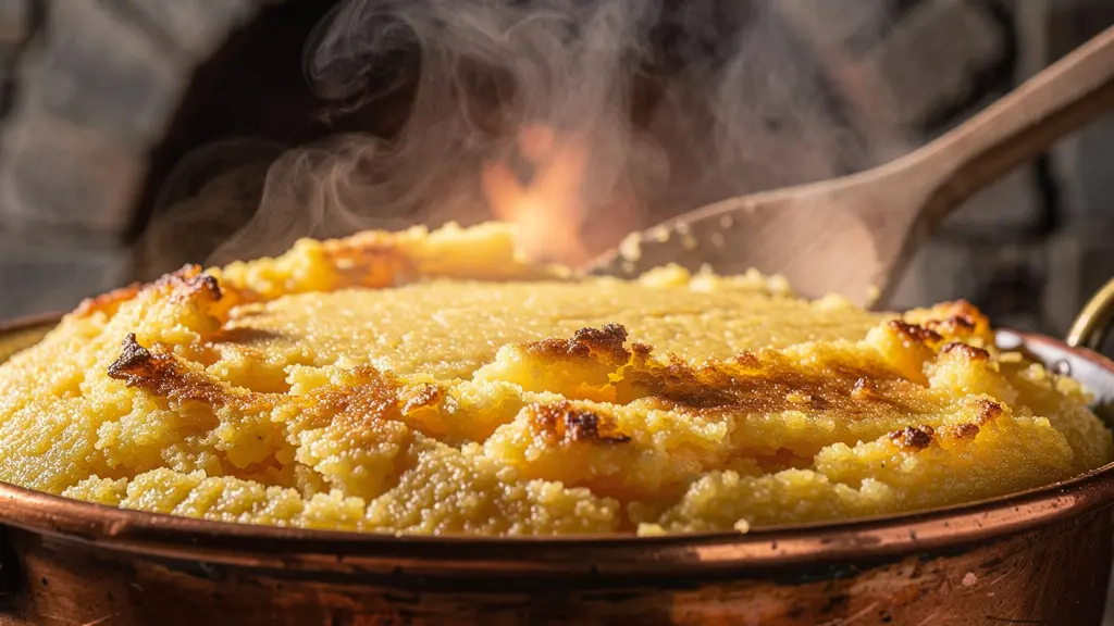 Rustikales Grotto mit Steintischen unter Platanen und traditionellem Kupferkessel