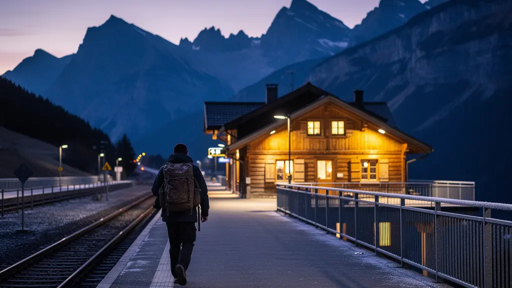 Kleiner Schweizer Bergbahnhof in der Abenddämmerung, warmes Licht strahlt aus den Fenstern eines nahen Gasthofs.