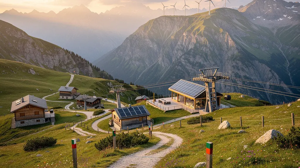 Panoramaansicht einer alpinen Gemeinde zwischen traditionellen Holzchalets und modernisierten Tourismusinfrastrukturen mit Wanderwegen und geschützten Almwiesen
