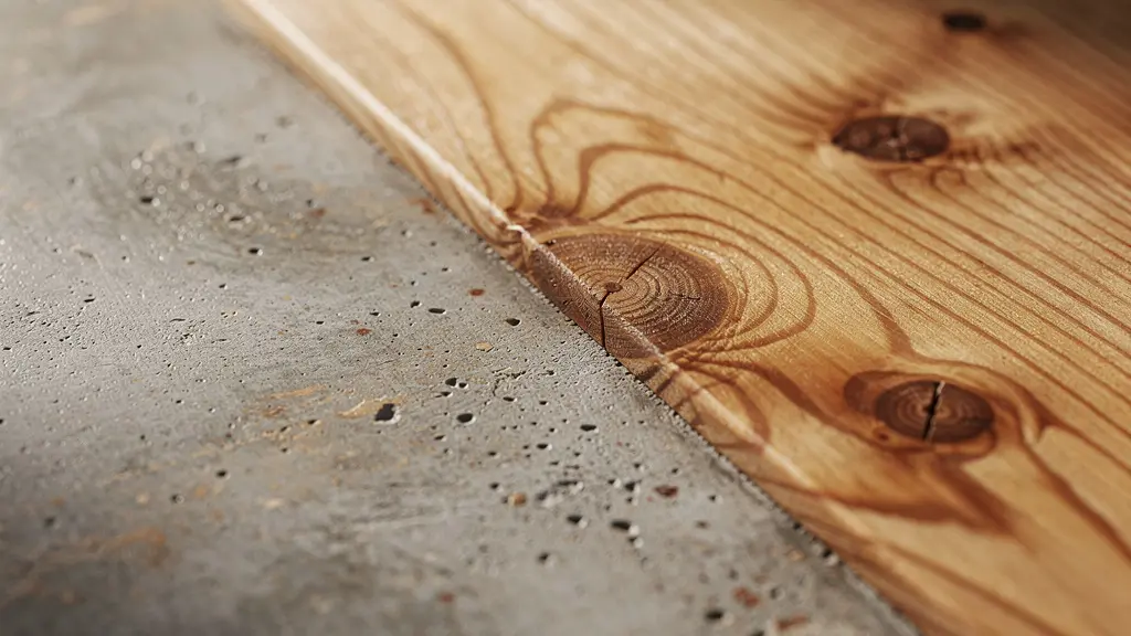 Nahaufnahme der Materialkombination von geschliffenem Beton und Schweizer Arvenholz