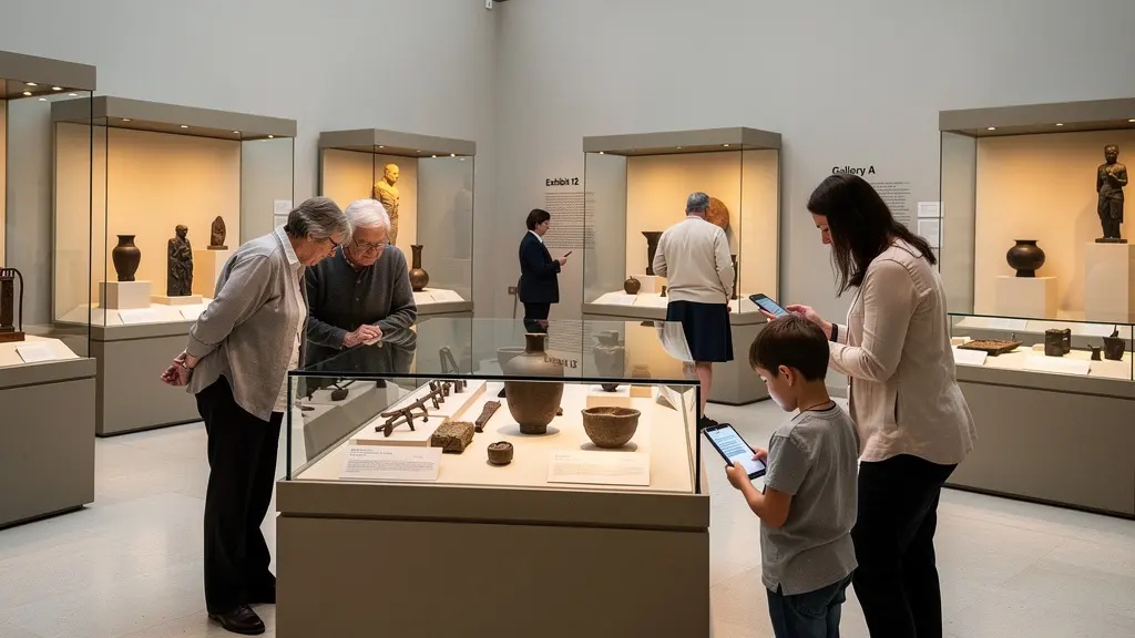 Weitwinkelaufnahme eines Museums mit Besuchern die zwischen Tablets und echten Exponaten interagieren