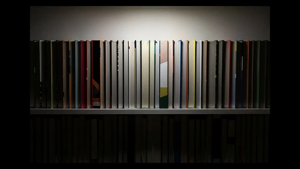 Bücherregal mit dramatischer Streiflichtbeleuchtung von oben, die Buchrücken-Texturen hervorhebt