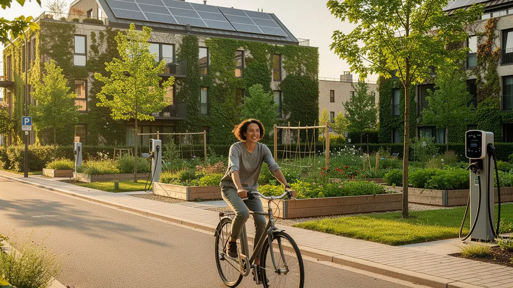 Person radelt entspannt durch grüne Stadt mit Solaranlagen auf Dächern