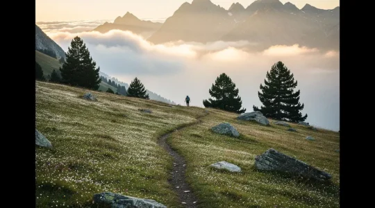Ruhiges Bergtal in den Bündner Alpen mit Morgennebel
