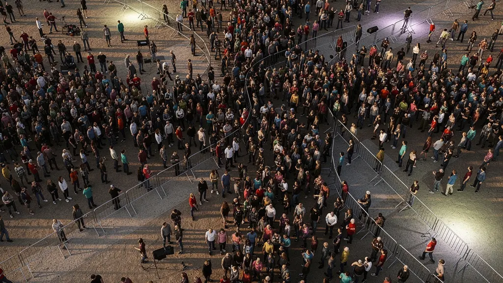 Vogelperspektive auf Festivalgelände mit markierten Sicherheitszonen und Fluchtwegen