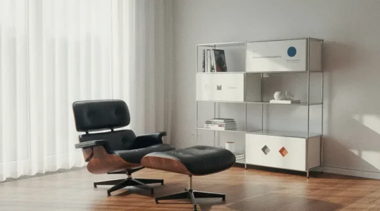 Elegante Designmöbel-Kollektion in zeitlosem Interieur mit Eames Lounge Chair und USM Haller Regalsystem