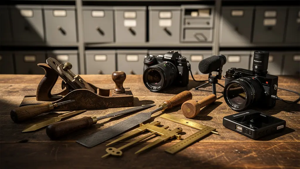 Archiv mit historischen Werkzeugen und modernen digitalen Dokumentationsgeräten