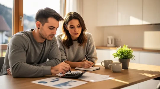 Junges Paar analysiert gemeinsam Finanzierungspläne mit Taschenrechner und Unterlagen am Küchentisch