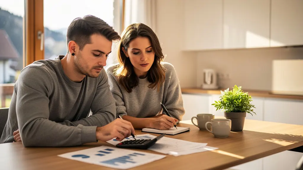 Junges Paar analysiert gemeinsam Finanzierungspläne mit Taschenrechner und Unterlagen am Küchentisch