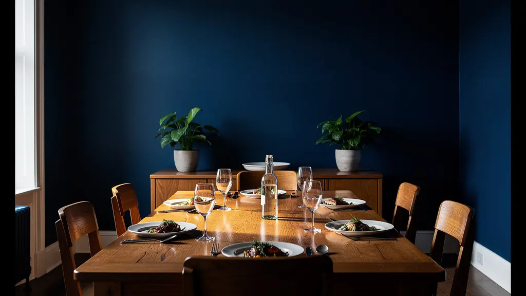 Elegantes Esszimmer mit tiefblauen Wänden und warmem Holztisch