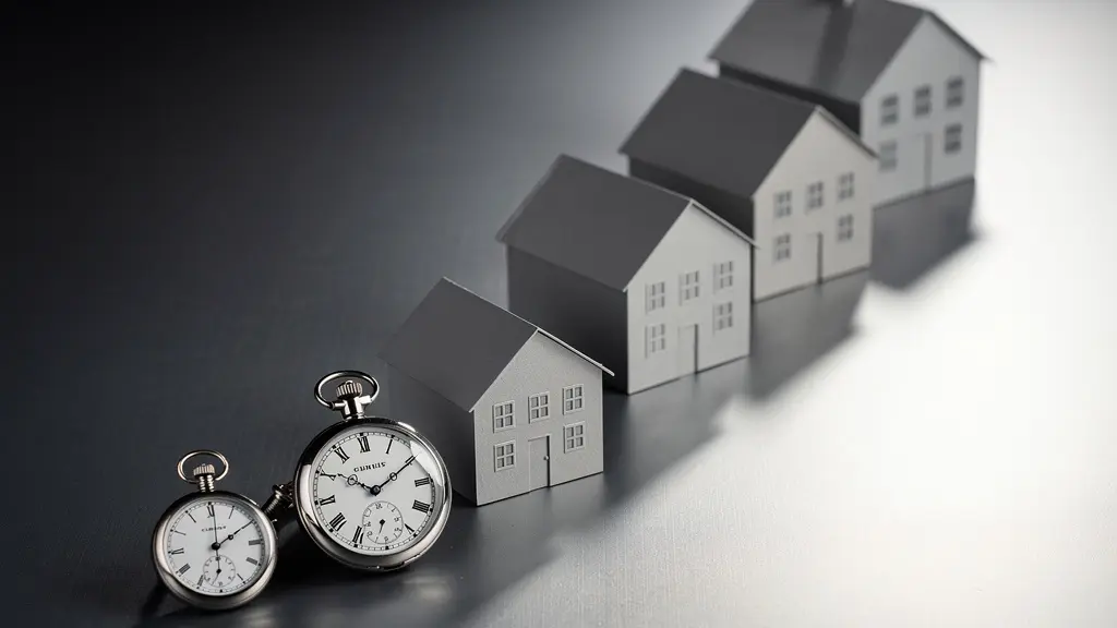 Metaphorische Darstellung von ansteigenden Modellhäusern neben Uhren, die den Wertzuwachs durch Zeitersparnis symbolisieren.