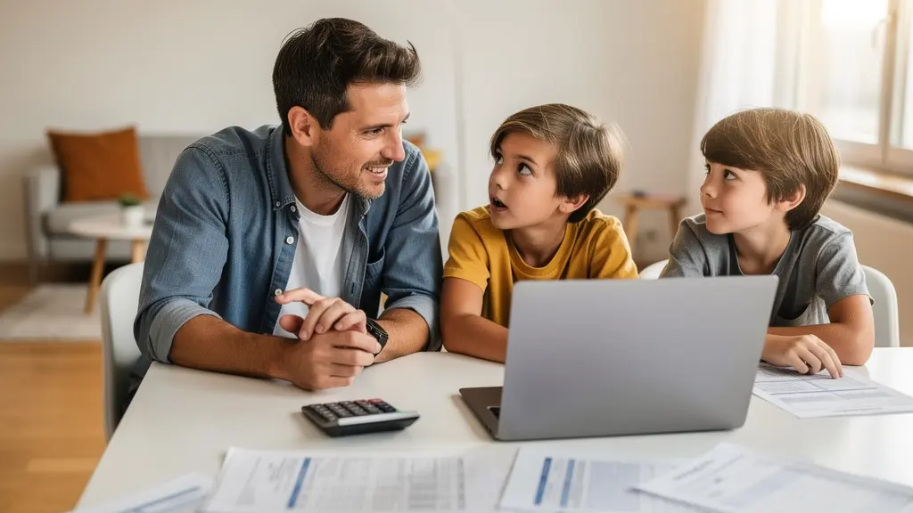 Vierköpfige Familie beim gemeinsamen Finanzplanungsgespräch am Esstisch