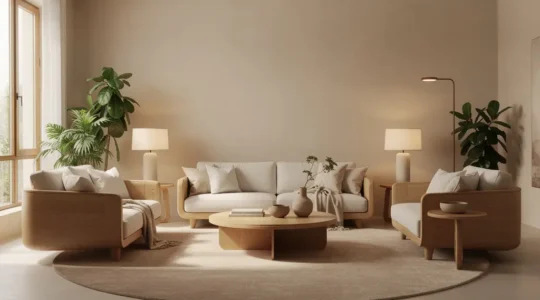 Harmonisch eingerichtetes Wohnzimmer nach Feng Shui-Prinzipien mit natürlichem Licht und beruhigender Atmosphäre