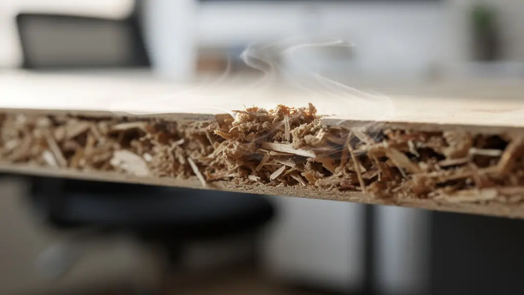 Nahaufnahme von Spanplattenmöbeln im Home-Office mit sichtbaren Ausgasungen