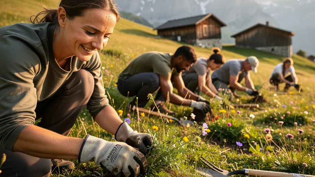Freiwillige bei der Pflege von Bergwiesen in den Bündner Alpen