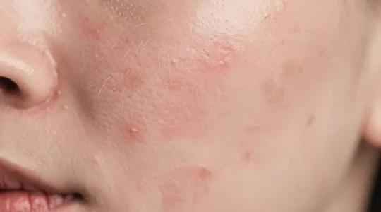 Nahaufnahme einer empfindlichen Gesichtshaut mit subtilen Rötungen und der symbolischen Darstellung einer gestörten Hautbarriere