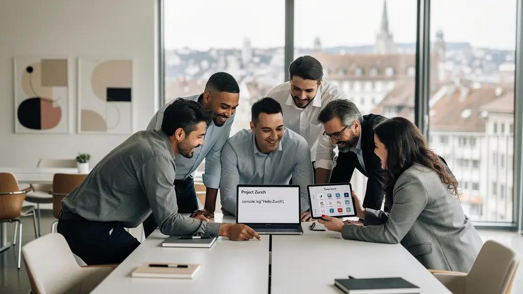 Ein diverses Team von Technologie-Experten arbeitet gemeinsam in einem modernen Zürcher Büro mit Blick auf die Stadt und visualisiert so die KI-Entwicklung im Google Forschungszentrum.