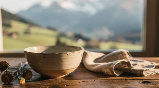 Handgetöpferte Schale aus lokalem Ton mit natürlicher Glasur auf rustikalem Holztisch