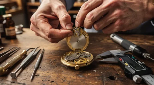 Nahaufnahme einer Uhrmacherwerkstatt mit traditionellen Werkzeugen und modernen Präzisionsinstrumenten