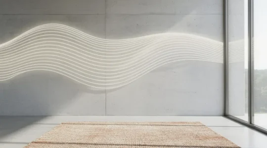 Handgewebter Teppich in einem minimalistischen Raum mit akustischer Wirkung