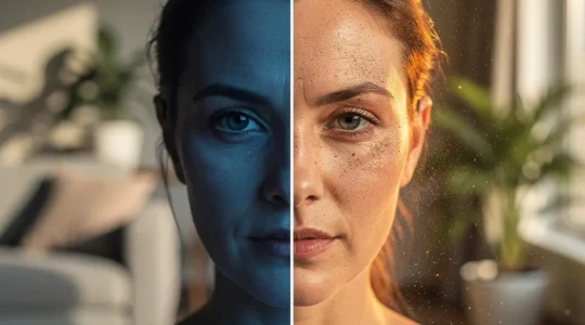 Gesichtshaut einer Frau zeigt Kontrast zwischen geschützter und ungeschützter Seite gegen Umwelteinflüsse