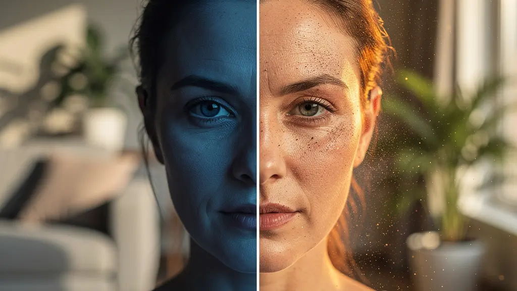 Gesichtshaut einer Frau zeigt Kontrast zwischen geschützter und ungeschützter Seite gegen Umwelteinflüsse