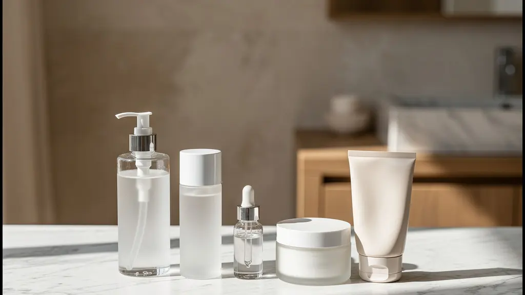 Aufgereiht Hautpflegeprodukte in der richtigen Anwendungsreihenfolge von dünn zu dick