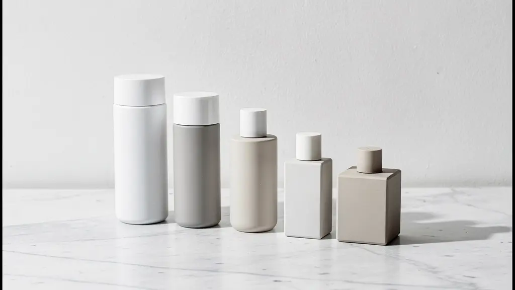 Minimalistische Anordnung von fünf unmarkierten Pflegeprodukten in aufsteigender Grösse auf einer Marmoroberfläche.