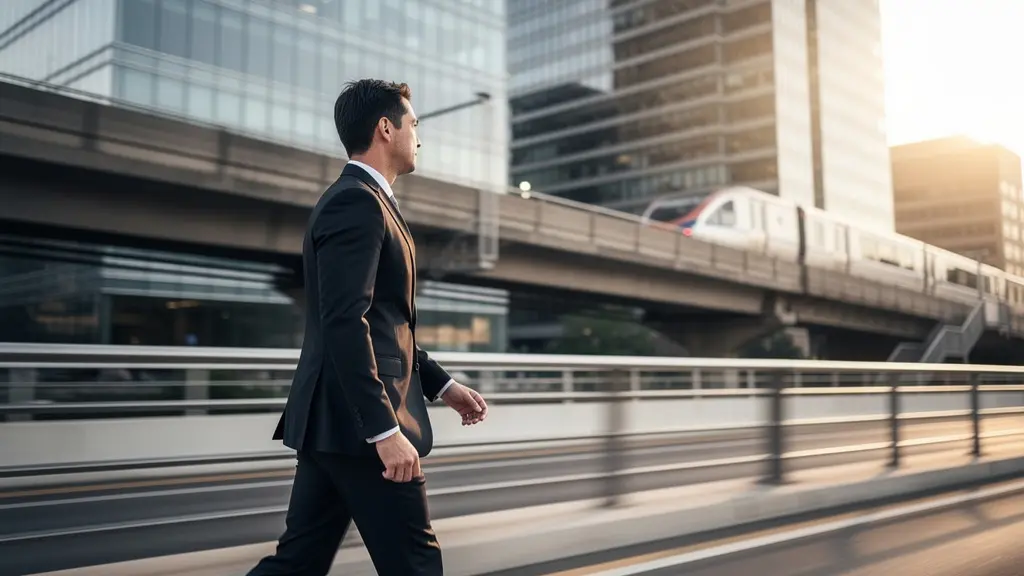 Moderner Geschäftsmann mit Hightech-Anzug im städtischen Pendlerumfeld