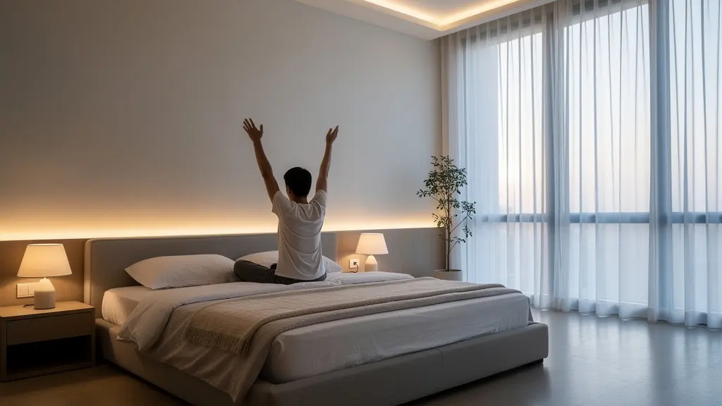 Schlafzimmer mit automatisch angepasster Beleuchtung im Tagesverlauf