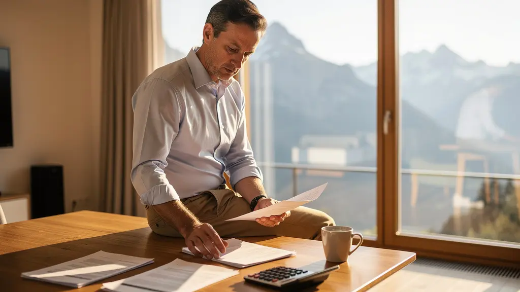 Modernes Schweizer Eigenheim mit Finanzunterlagen auf Holztisch