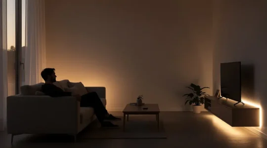 Gemütliches Wohnzimmer am Abend mit warmweißer indirekter LED-Beleuchtung hinter Möbeln und Vorhängen