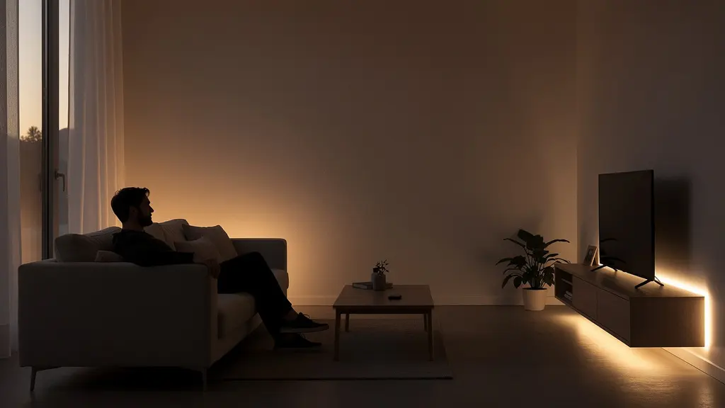 Gemütliches Wohnzimmer am Abend mit warmweißer indirekter LED-Beleuchtung hinter Möbeln und Vorhängen