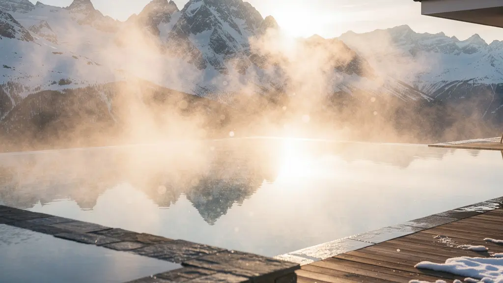 Beheizter Infinity-Pool mit dampfendem Wasser vor verschneiter Alpengipfel-Kulisse in der Abenddämmerung