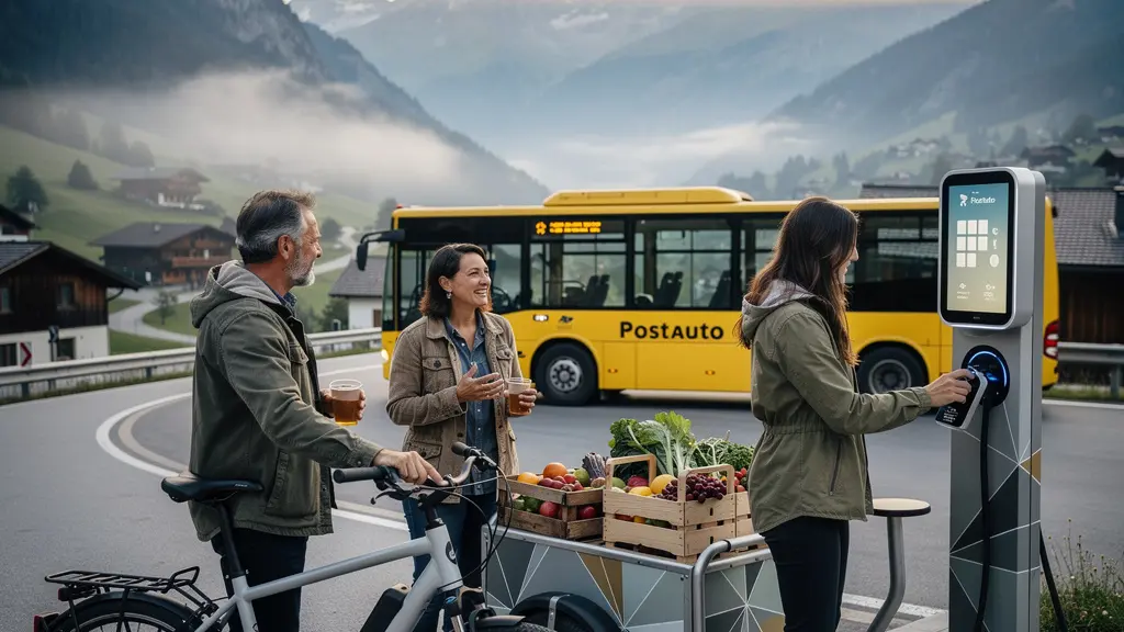 E-Bikes und digitale Anzeigen an einer modernen Bergbahn-Station mit Wanderern und Einheimischen