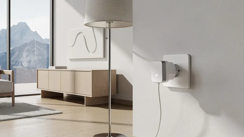 Moderne intelligente Steckdose mit digitaler Anzeige in einem gemütlichen Schweizer Wohnzimmer