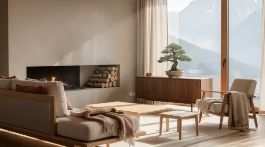 Modernes Schweizer Wohnzimmer mit Kombination aus Japandi und Alpen-Chic Stilelementen