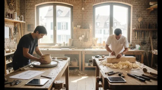 Junge Designer arbeiten in einer hellen Basler Werkstatt mit traditionellen Handwerkstechniken