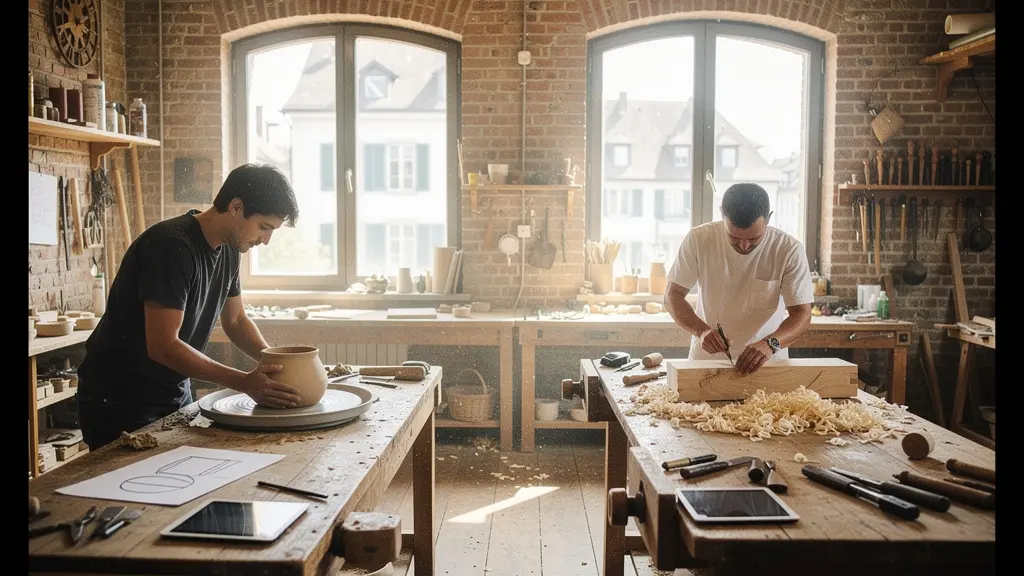Junge Designer arbeiten in einer hellen Basler Werkstatt mit traditionellen Handwerkstechniken