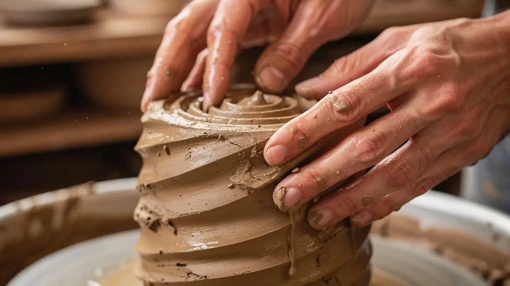 Makroaufnahme eines Keramikstücks im Entstehungsprozess mit sichtbaren Texturen