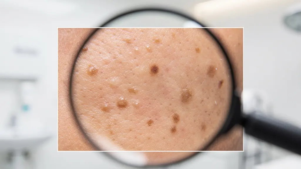 Nahaufnahme eines Dermatoskops über einer Hautoberfläche mit fokussiertem Lichtstrahl, der eine Hautveränderung untersucht.