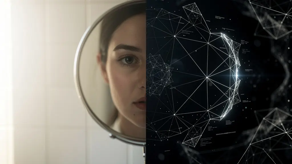 Gesichtshälfte im Spiegel mit digitaler Analyse-Visualisierung