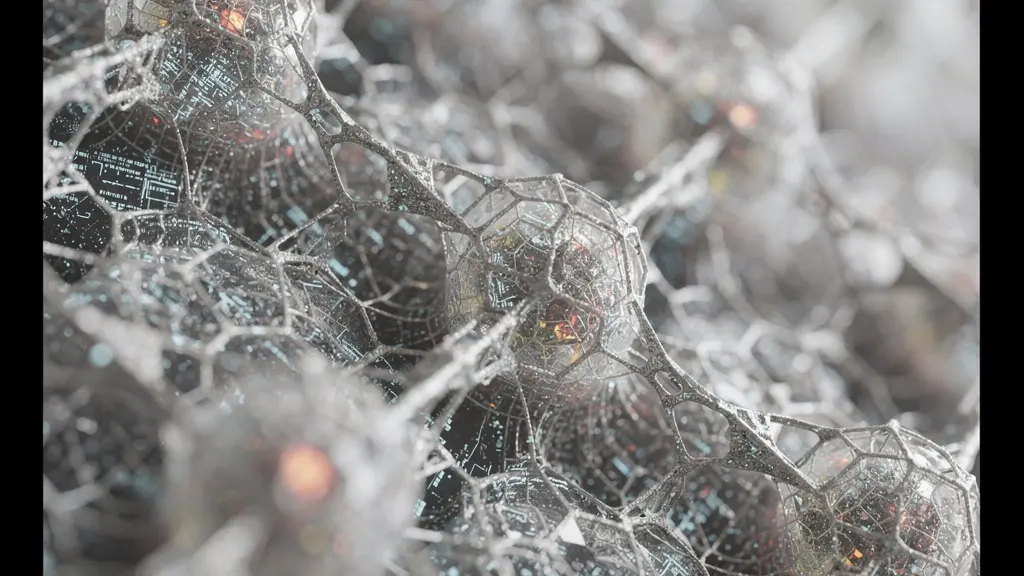 Abstrakte kristalline Strukturen, die Datenmuster und neuronale Netze andeuten und die Unterstützung eines Finanzberaters durch KI bei DeFi-Strategien symbolisieren.