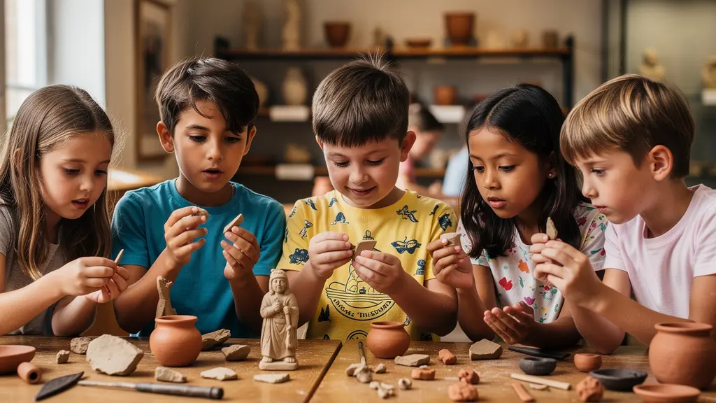 Kinder erkunden prähistorische Artefakte in einem interaktiven Museumsworkshop