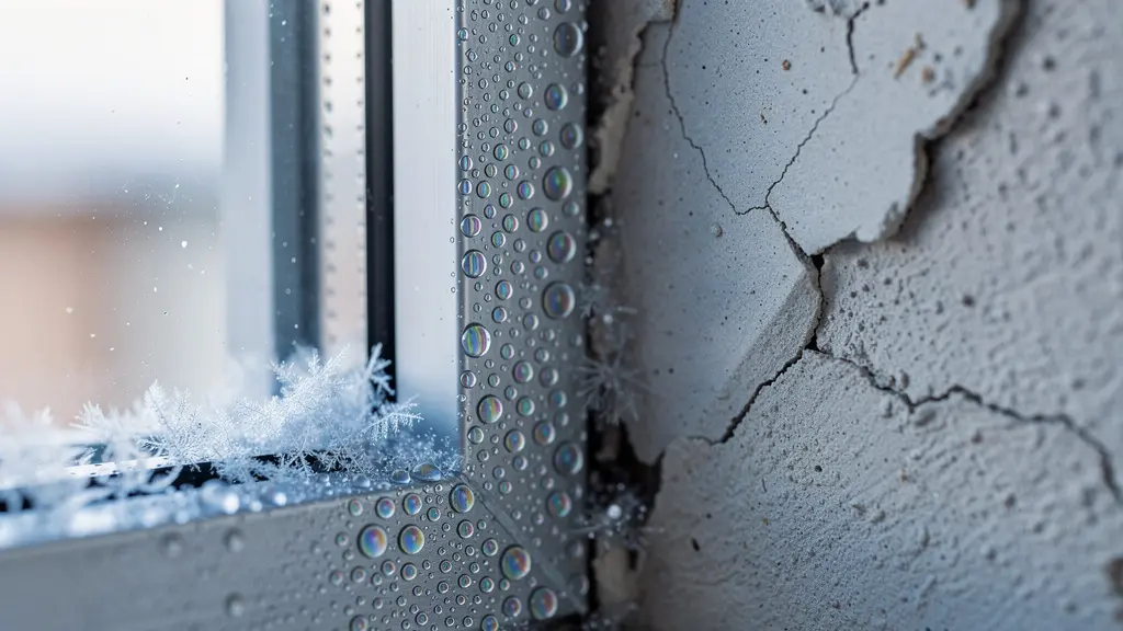 Makroaufnahme von Kondenswasser an einer Fensterlaibung