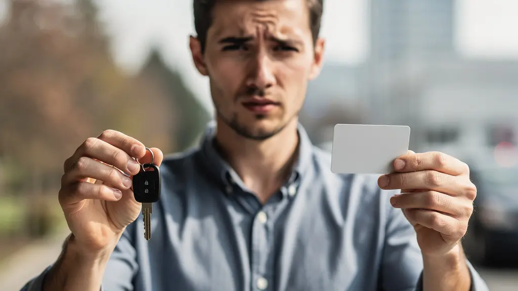 Eine Person an einer Weggabelung, die zwischen einem Autoschlüssel und einem ÖPNV-Pass wählt, symbolisiert die Mobilitätsentscheidung.
